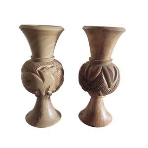 2 Hand Carved Olive Wood Holy Land Bethlehem 5.5" Bud Vases Art Travel Souvenir